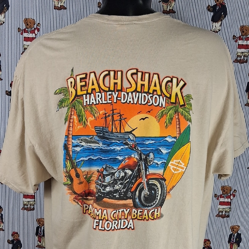 Harley Davidson Panama City Beach Fl Beach Shack Back Graphic 2XL Tan T-shirt